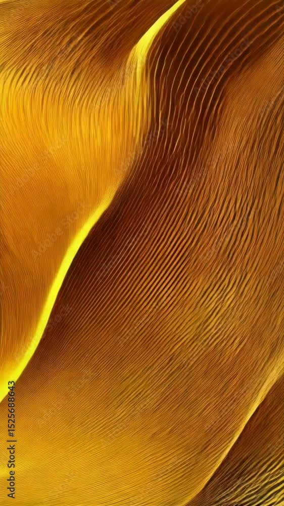 Poster abstract golden wavy pattern with thin parallel lines, creates an undulating surface with bright glo