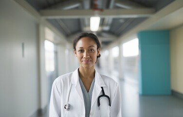 Chinese doctor radiates professionalism in serene hospital corridor with golden sunlight streaming through