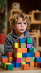 Child with a confused expression, looking inquisitively toward the horizon, next to a partially built pyramid structure made of cubes on a table.