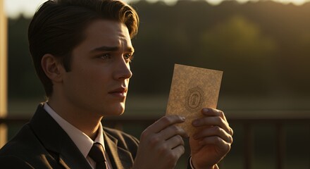 Mysterious Message: A Young Man Reads an Antique Letter at Sunset