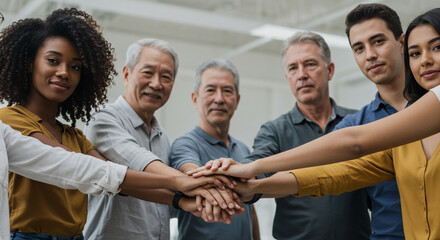 Obraz premium Diverse Team Joining Hands in Unity and Collaboration for a Common Goal