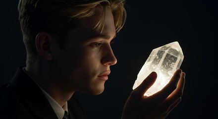 Intrigued Gaze: Young Man and Illuminated Crystal