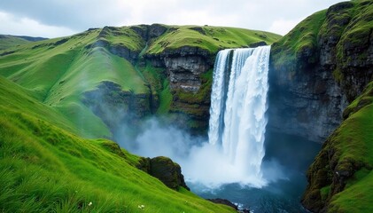 Fototapeta premium A cascading waterfall tumbles down a lush green hill, creating a misty spray and a serene, natural scene Perfect for nature, travel, or environmental themes , power, mountain, landscape