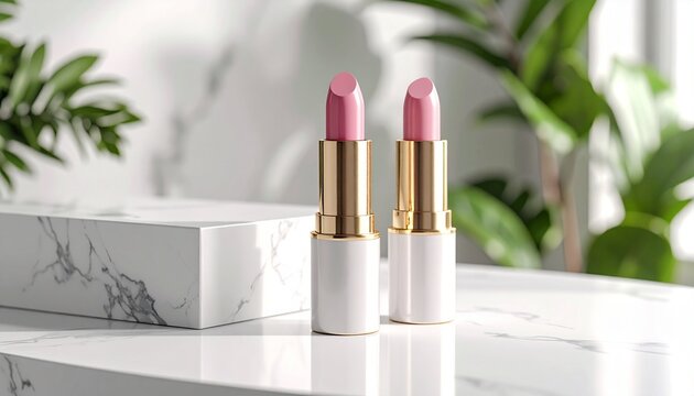 Pink Lipstick Packaging Mockup on White Marble Display