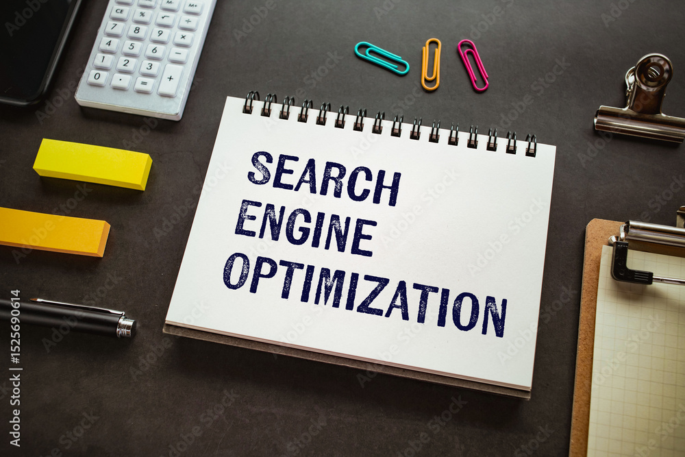 Poster there is notebook with the word search engine optimization. it is as an eye-catching image.