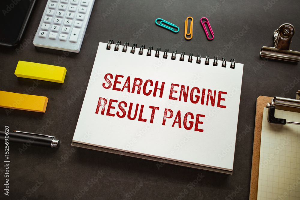 Poster there is notebook with the word search engine result page. it is as an eye-catching image.