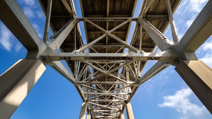 A photo of a bridge taken from a low angle with a blue sky in the background, represents civil engineering