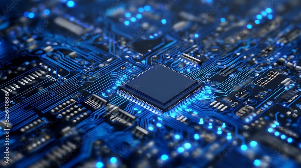 Poster Abstract digital circuit board on blue tech background, circuit connected lines and dots on motherboard, dark tech gradient bg