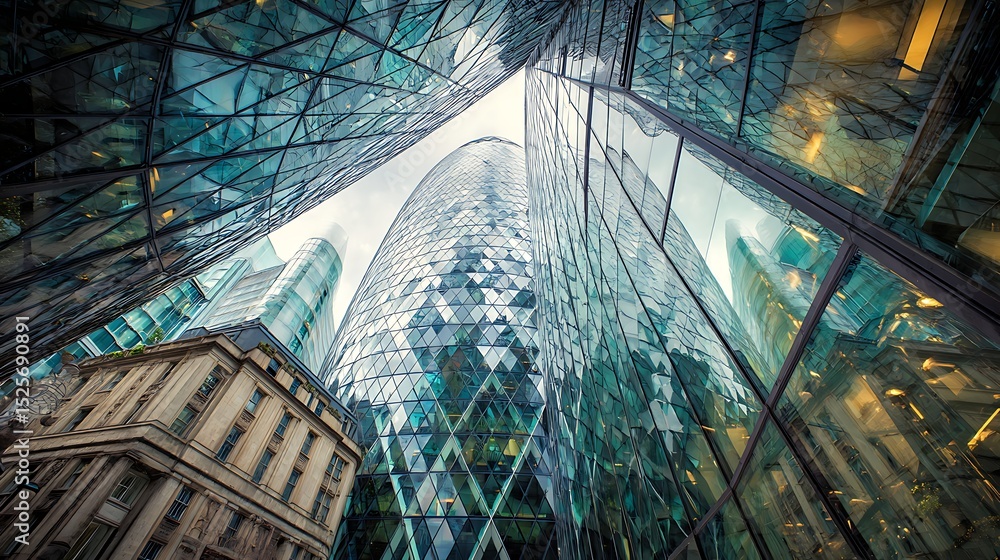 Poster abstract backdrop of modern glass and steel architecture, background with selective focus and copy s