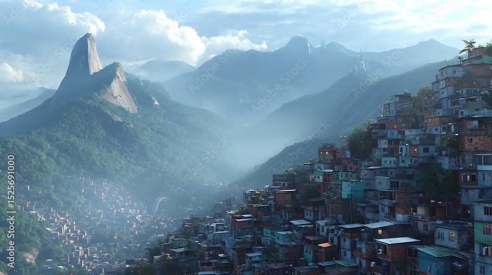 Poster Abstract future large favelas or slums and mountains environment background 3d render