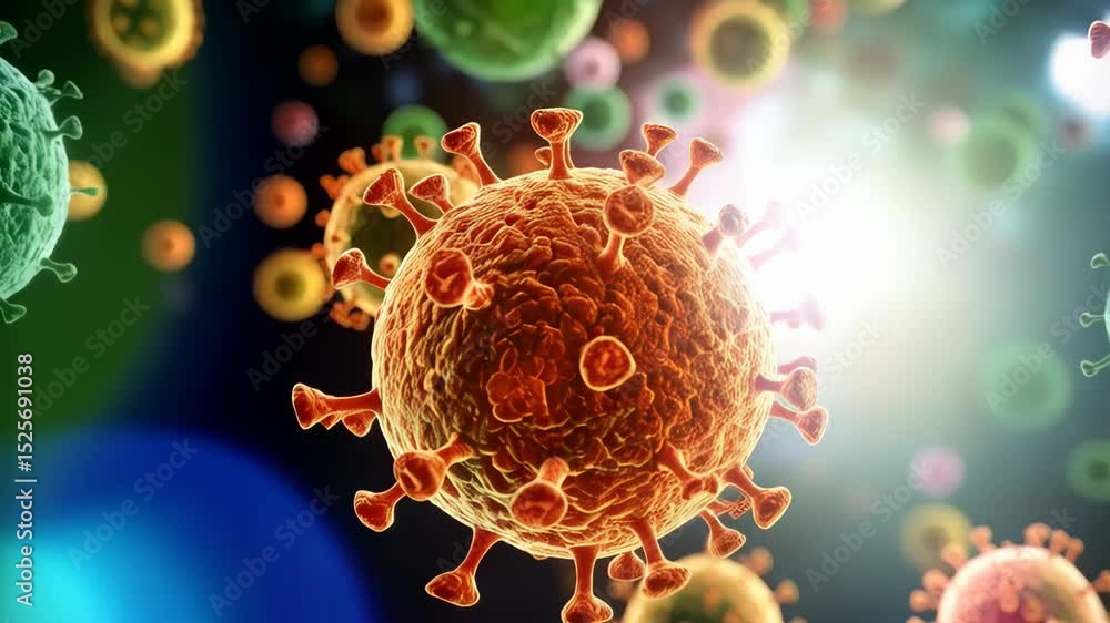 Poster microscopic view of multiple viruses floating in space, displaying spiky surface proteins and varied