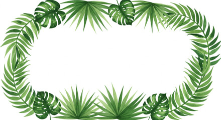 Watercolor tropical leaves frame on white background, botanical illustration for design