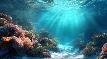 Fototapeta premium Beautiful blue ocean background with sunlight and undersea scene
