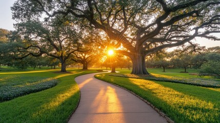 Fototapeta premium Sunrise path through majestic oaks