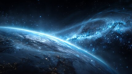 Naklejka premium Blue space background with earth and galaxy, abstract wallpaper with planetary glow, science and education in outer space