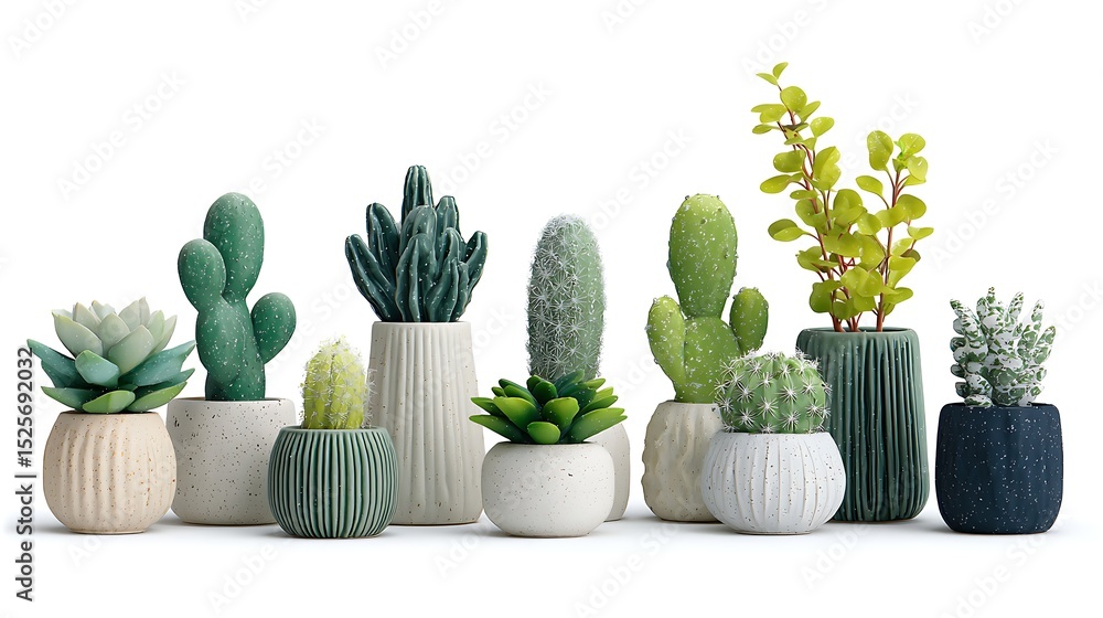 Poster collection set of different mixed cactus and succulents types of small mini plant in modern ceramic 