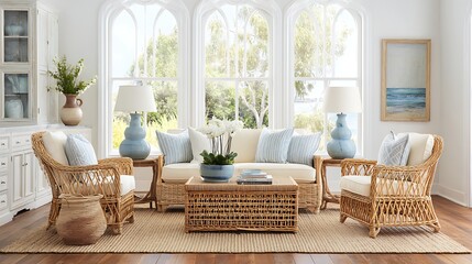 Coastal style room in light pastel hues with rattan furniture, mock up frame in interior background