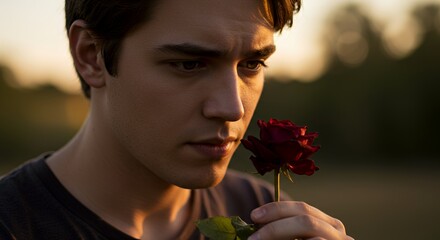 Golden Hour Romance: A Young Man and a Single Rose