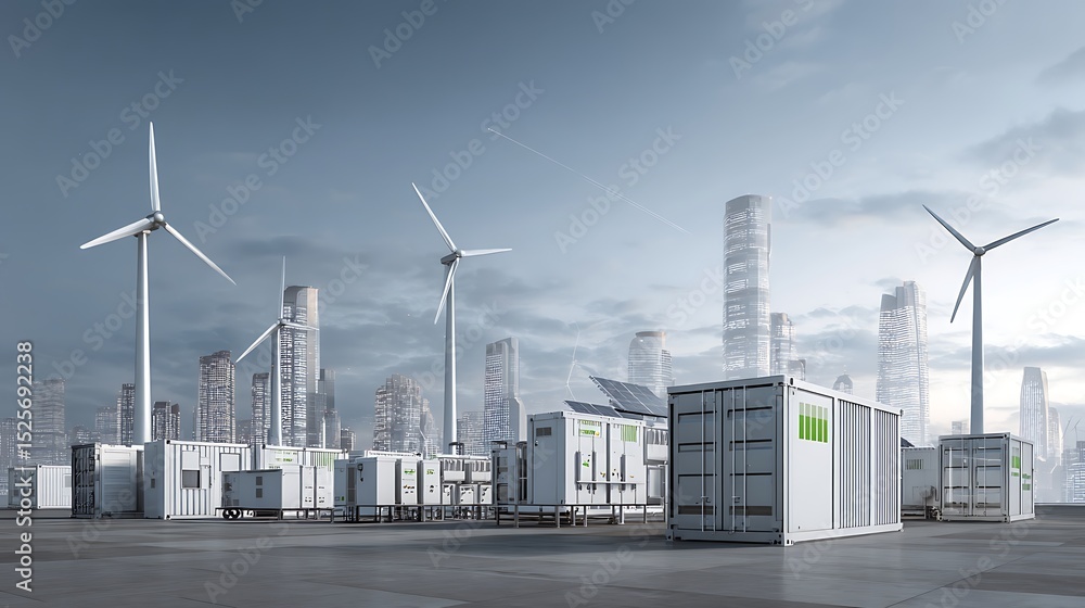 Aufkleber concept of energy storage system, renewable energy - photovoltaics, wind turbines and li-ion battery