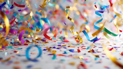 Coloured confetti and streamers as a white new year, s background
