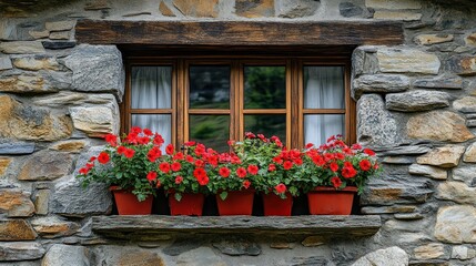 Rustic window with red flowers