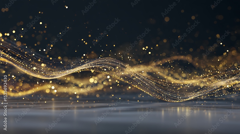 Poster digital gold particles wave and light abstract background with shining floor particle stars dust, fu