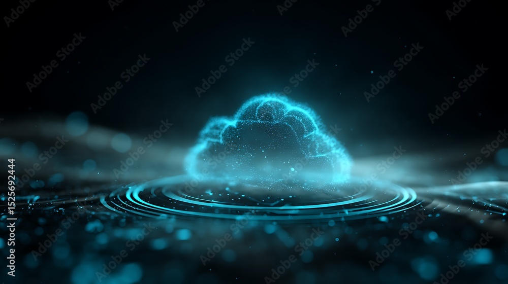 Aufkleber Digital informational technology web futuristic hologram with cloud icon, blue golden light digits and code background, cloud computing, abstract motion of digital data flow
