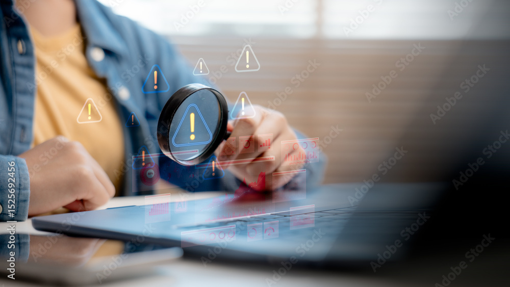 Aufkleber user inspecting warning signs through a magnifying glass on a virtual interface, representing data r