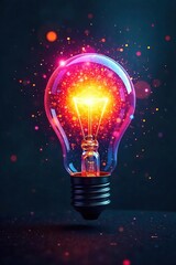 A lightbulb bursts with vibrant, multicolored light rays, illuminating a dark background Symbolising innovative thinking and creative breakthroughs , progress, color