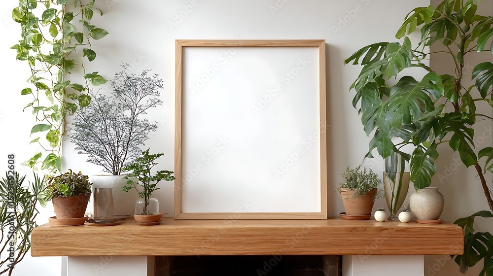 Poster empty frame on a white mantle with plants, blank mock up for art showcase