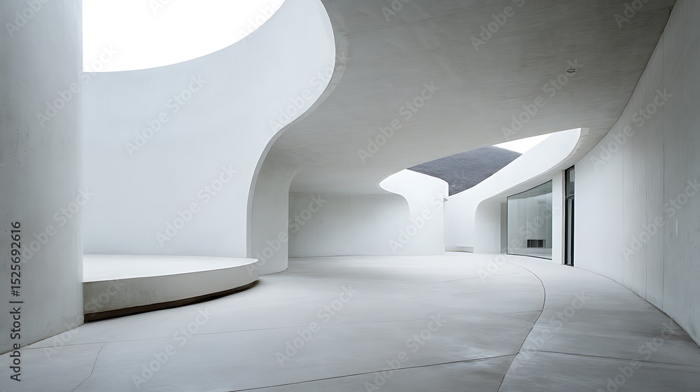Aufkleber Empty minimal abstract architecture building interior or exterior concrete design open space floor courtyard white showcase area and curved walls museum, display showroom mockup environment background