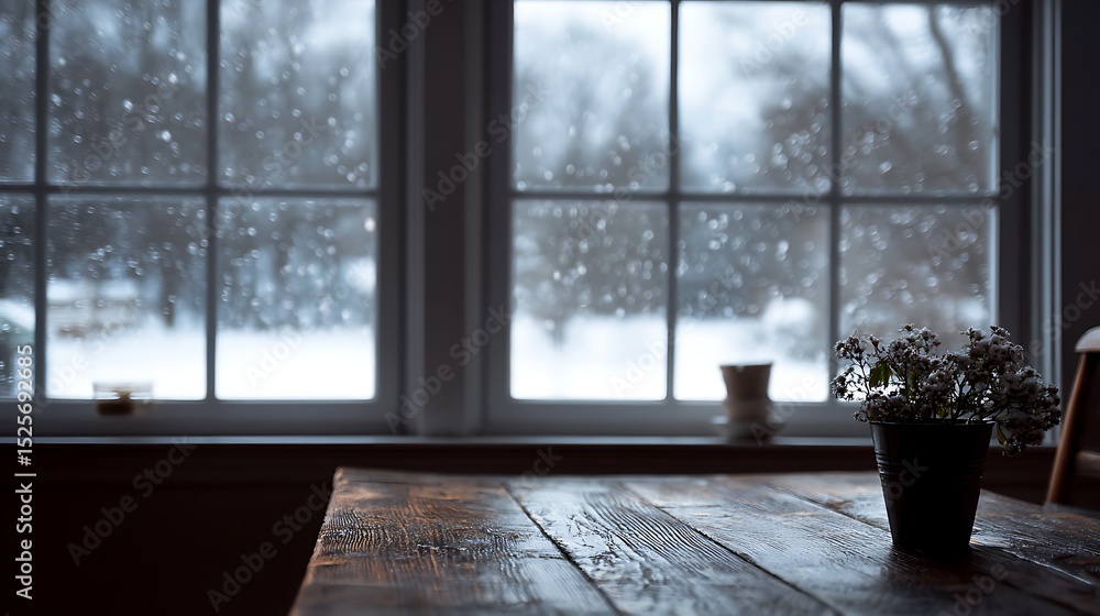 Aufkleber Empty table and winter window in background