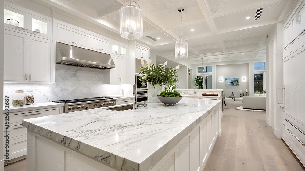 Poster empty marble countertop shining in the light in a modern kitchen, product placement display space