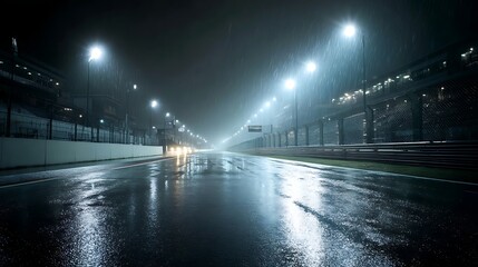 Formula one racing track at night in rain with floodlights
