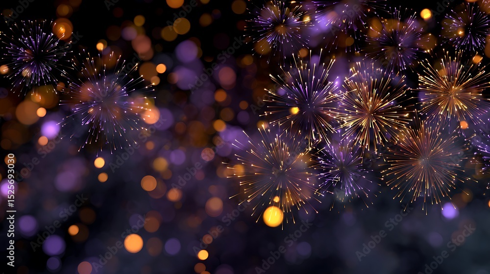 Poster gold and dark violet fireworks and bokeh in new year eve and copy space, abstract background holiday