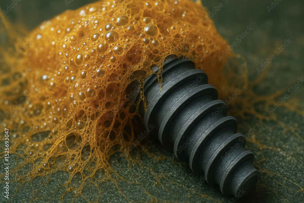 Aufkleber bio innovation in engineering is represented by close up of screw with foam highlighting creative in