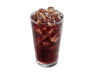 Iced dark soda, condensation on glass, refreshing beverage