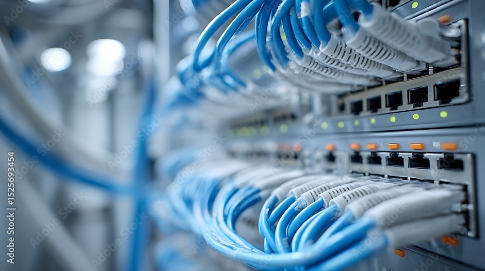 Poster Internet cables and wires in server room with switch in company on the development of a quantum computer, network background