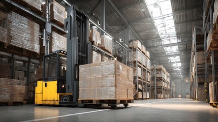 Fototapeta premium Interior of warehouse dock load cargo electric forklift pallet jack with large shipment goods pallet, creative banner, copyspace image