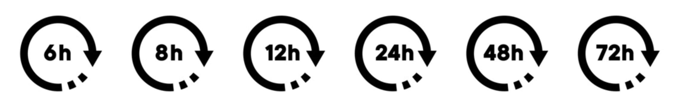 Conjunto de iconos de ciclos de tiempo. Intervalos temporales, duraci&oacute;n. Reloj, cron&oacute;metro, 4, 8, 12, 24, 48, 72 horas. Ilustraci&oacute;n vectorial
