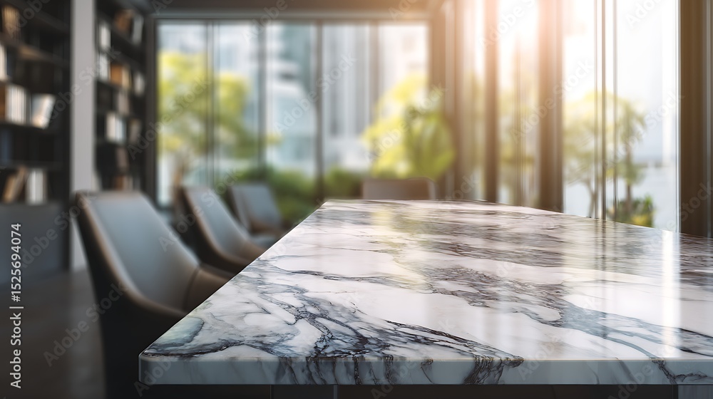 Poster Modern table with beautiful marble design luxury office room with copy space empty workspace on blur background