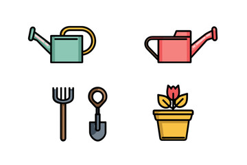 Gardening Tools: Watering cans, fork, shovel, and potted plant on a transparent background.