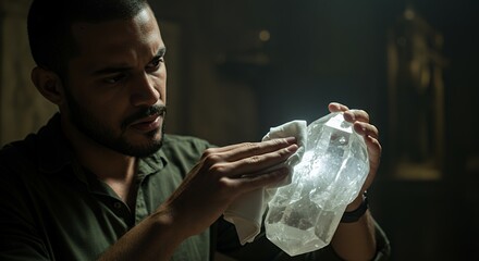 Mysterious Man Cleaning a Crystal