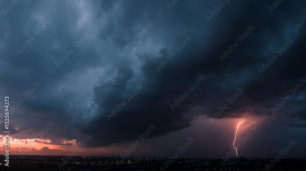 Poster panorama dark cloud at evening sky with thunder bolt, heavy storm bringing thunder, lightnings and r