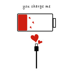 Battery love icon. Charging heart symbol. Vector power emblem. Red white design.