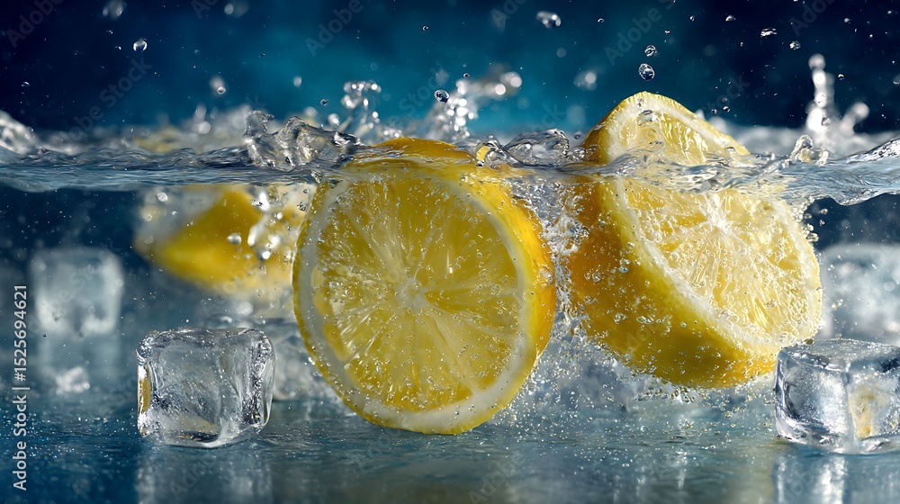 Poster refreshing splash of water with lemon slices and ice cubes, perfect for summer drink concepts or coo