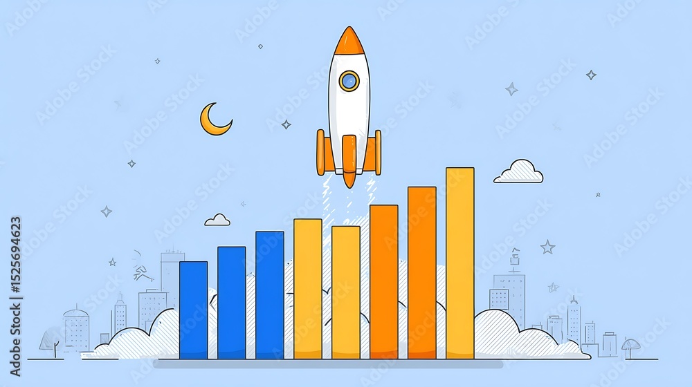 Aufkleber rocket ship illustration with bar graph, yellow background