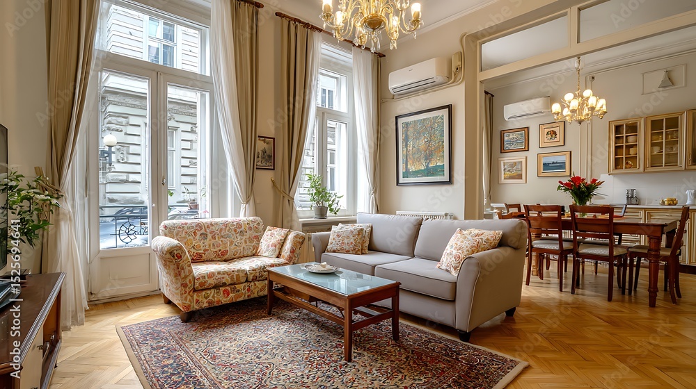 Poster renovated rooms with spacious windows and heating systems, both before and after the restoration pro