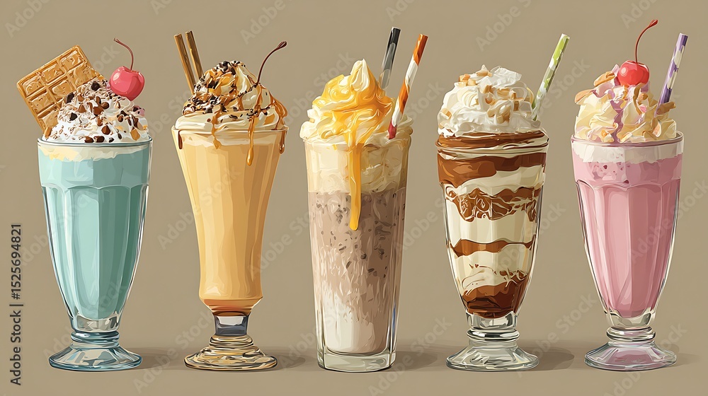 Poster set of various milkshake isolated