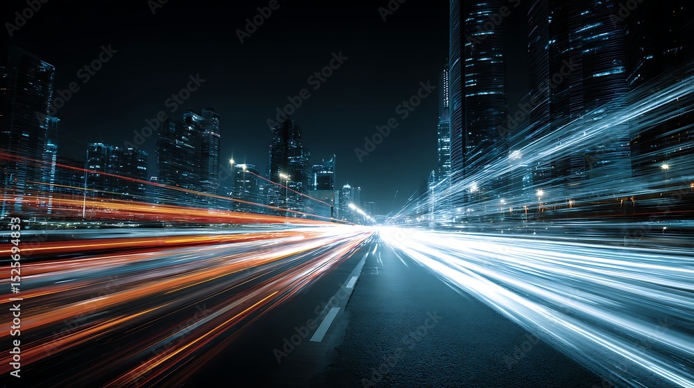 Poster smart digital city with high speed light trail of cars of digital data transfer